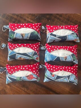 Lot Of 6 Purse Pocket Tissue Holders W/ Key Ring & Tissue— Cardinal /Bird Fabric